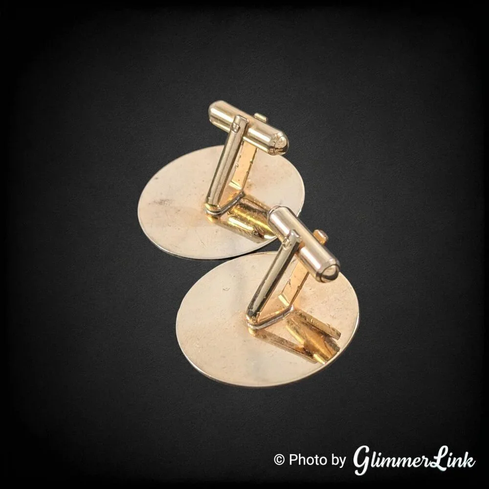 Vintage Mr Tara Art Deco Style Round Circular Etched Gold Tone Cufflinks